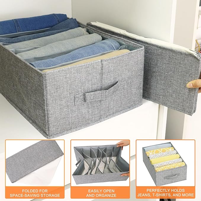 Fixwal 4pcs Wardrobe Clothes Organizer with Board Closet Organizers and Storage 6 Grids Divider Organizers Compartment Storage Bins for Jeans T-shirt Pants Legging