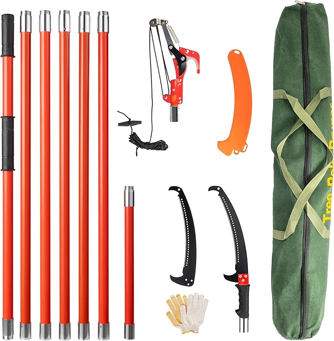 VINGLI 24ft Manual Pole Saws, Extendable Tree Trimmers Long Handle Pruner, Sharp Steel Blade and Scissors, Long Tree Pruner with Lightweight 7 Fiberglass Handles for Pruning Palms and Shrubs