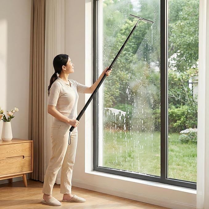 2 in 1 Window Squeegee, Shower Squeegee Window Cleaning Kit with Extension Pole Long Handle Squeegee for Shower Glass Floor Bathroom Home Outdoor, 12 inch Wide, Black