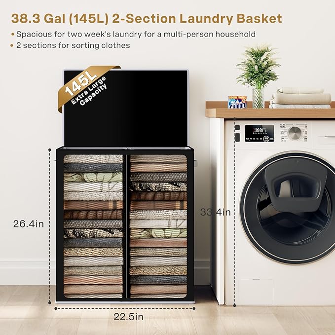 SOLEDI Double Laundry Hamper with Lid and Removable Laundry Bags - Large Dirty Clothes Hamper 2 Section - Collapsible Laundry Baskets for Bedroom, Bathroom, Laundry room, Apartment, Black