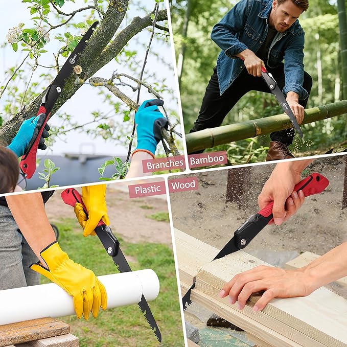 Folding Camping saw 10 inch – SK9 High-Carbon Steel TEFLON-Coated Rust-Resistant, 2 Locking Positions, Hand Saw for Garden Tree Limbs, Wood Cutting & Outdoor Camping (2 Extra Blades)
