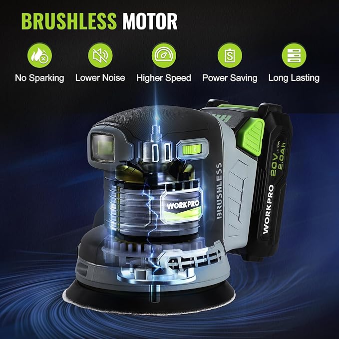 WORKPRO Cordless Random Orbital Sander Brushless 6 Variable Speeds 6000 to 12000 OPM, 20V 5in Electric Orbit Sander for Woodworking with Battery, Charger, Dust Collector, Tool Bag,15 Pcs Sanding Discs