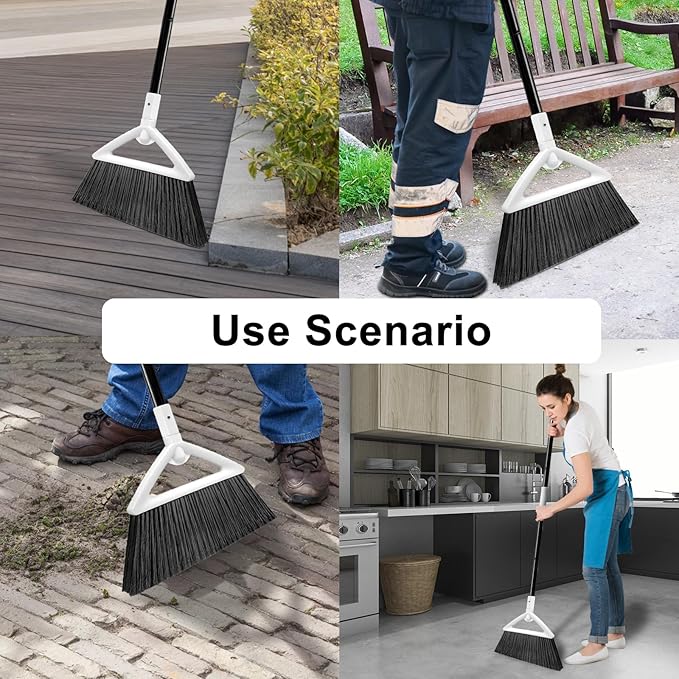 Heavy Duty Angle Broom 3 Pack - White Broom for Outdoor & Indoor, Garage, Driveway, Sidewalk, Kitchen & More, Long Handle
