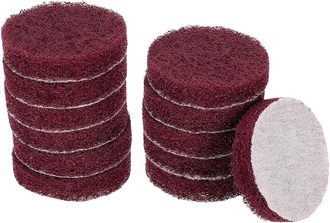 HARFINGTON 12pcs Scrubber Scouring Pads 400 Grits 2 Inch Drill Power Brush Hoop and Loop Surface Conditioning Disc Drill Scuffing Disc Scrub Pads for Home Kitchen Cleaning, Red