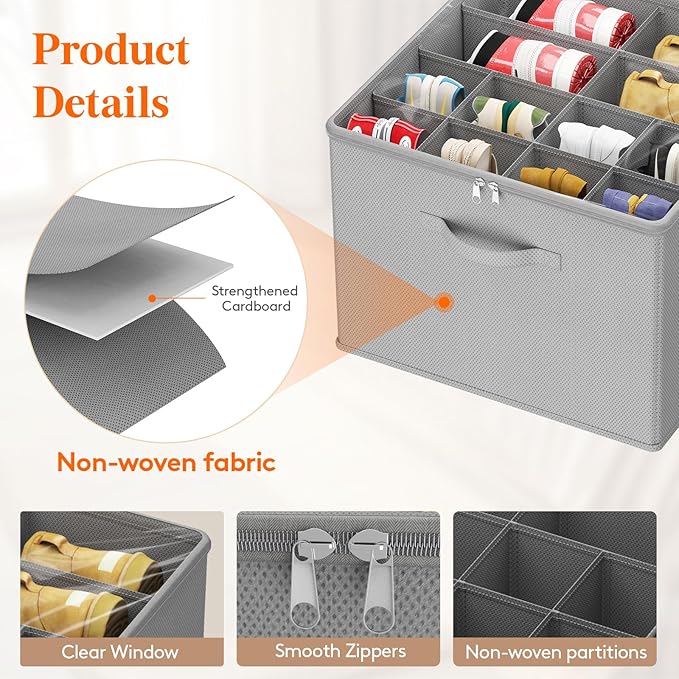 Lifewit Shoe Storage Organizer for Closet, Fabric Large Shoe Box Storage Containers with Clear Cover, Foldable Bins for Boots Heels Sneakers Fits 12-16 Pairs, 1 Pack Light Gray