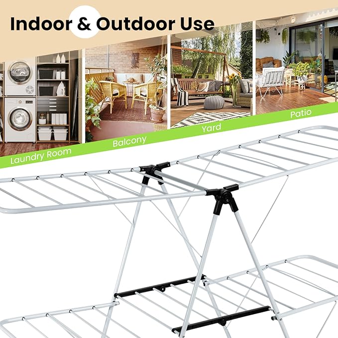 COSTWAY Clothes Drying Rack, Foldable 2 Tier Clothing Rack with Height-Adjustable Wings, 33 Drying Rails & Sock Clips, Portable Space Saving Laundry Drying Rack for Apartment, RV, Indoor & Outdoor Use