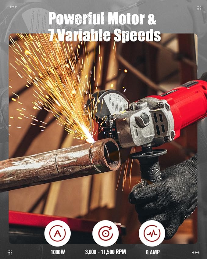 AVID POWER Angle Grinder 4-1/2 Inch 8.0 Amp 1000W Electric Grinder Tool 7-Variable-Speed Metal Grinder, 11,500 RPM, Paddle Switch with Lock-on Button, Cutting & Grinding Wheels and Side Handle - Red