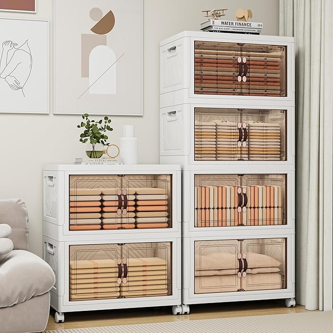 Storage Bins with Lids and Wheels, 330QT-165QT*2Tier Collapsible Bathroom Storage Cabinet with Clear Doors, Plastic Stackable Closet Organizers and Containers White