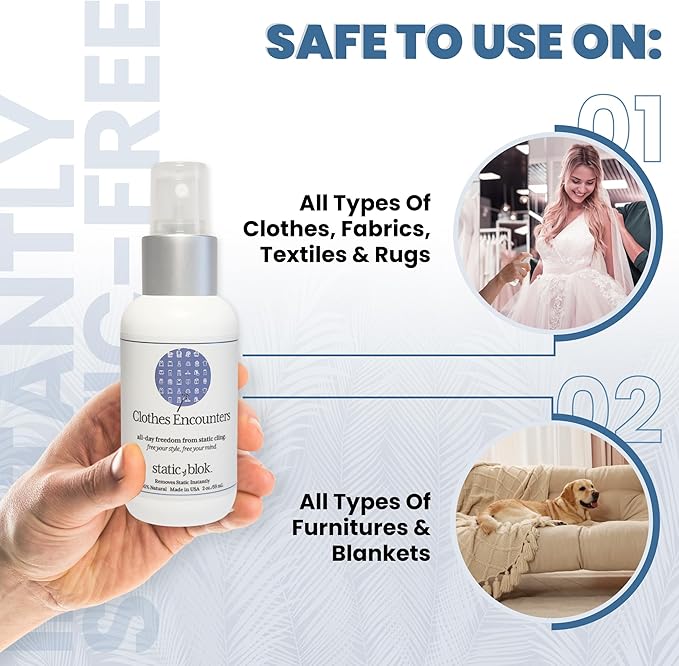 Static Blok Anti-Static Spray for Clothes - Instantly Eliminate Static Cling, Flyaways, and Shocks from Clothes, Fabrics, Linens, Blankets & Rugs- All-Natural Formula - Lasts All Day- 2oz Travel Size