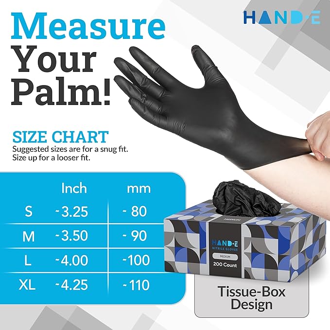 Hand-E Touch Black Nitrile Disposable Gloves Medium, 50 Count - BBQ, Tattoo, Hair Dye, Cooking, Mechanic Gloves - Powder and Latex Free