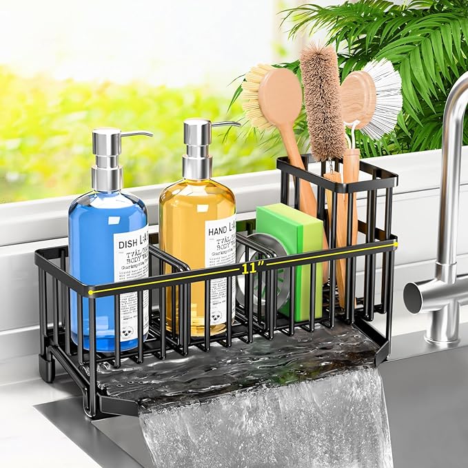 TomCare Extra Large 11'' Sink Caddy With Drain Tray Non-slip Kitchen Sink Organizer With 2 Adjustable Dividers High Brush Holder Rustproof Sponge Holder Kitchen Storage Accessories for Counter