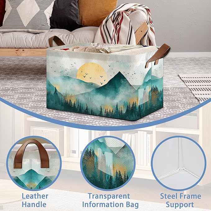 Abstract Mountains Collapsible Storage Box,Golden Sun Organizer Bin with Handles for Room Decoration,Bins Book Basket Box 17x11.5x10Inch