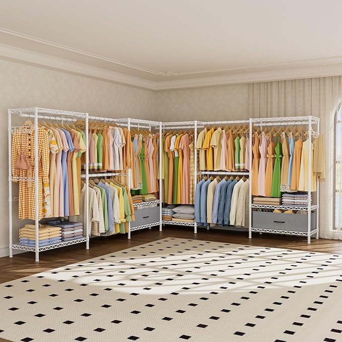 Golpart Coat Rack Clothes Wardrobe：Closet Organizer and Storage Clothing Garment Rack with Shelves Heavy Duty for Hanging Clothes Portable Adjustable White 15.8" DX69 WX76.5 H