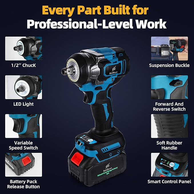 500 N.m Brushless Impact Wrench with Small Wrench, Waist Hook, 7 Sockets, 6 Scredrivers and 6 Drill Bits 3500 RPM Heavy Duty Impact Drill for Cars, RV, Truck,Home Furniture and DIY Projects
