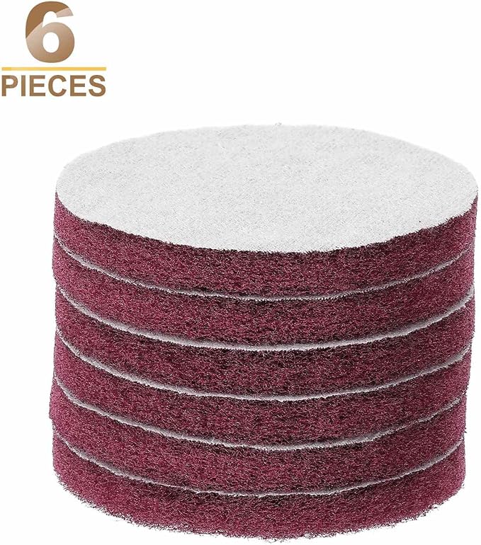 HARFINGTON 6pcs Scrubber Scouring Pads 400 Grits 4 Inch Drill Power Brush Hoop and Loop Surface Conditioning Disc Drill Scuffing Disc Scrub Pads for Home Kitchen Cleaning, Red
