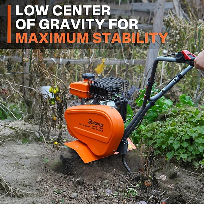NOVUS 2 in 1 Gas Tiller Cultivator with 79cc 4-Cycle Engine, 9"-17" Tool-Free Tilling Width Adjustment, 24 Steel Tines, Never-Flat Wheels,Front Tine Gardon Tiller for Lawn, Field Soil Cultivation