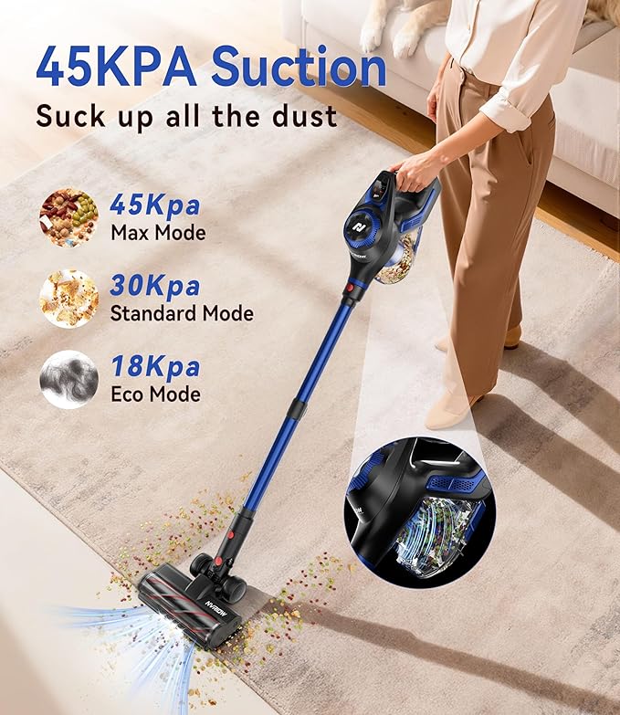 Nvriow Cordless Vacuum Cleaner for Home, 45Kpa Stick Vacuum, Max 80mins Runtime, 1.5L Dust Cup, Rechargeable Lightweight Handheld Vacuum for Carpet/Hardwood Floor/Pet Hair/Car (Navy Blue)