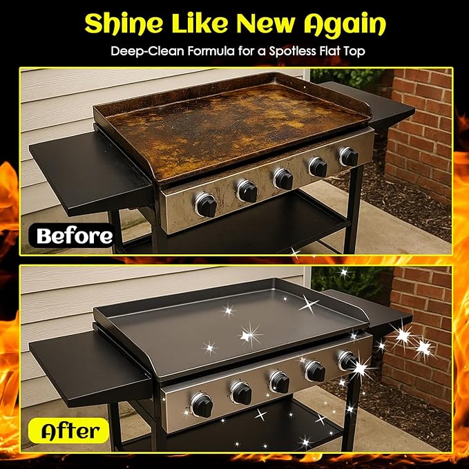 Flat Top Grill Cleaner Kit， Grill & Griddle Cleaner - Non-Toxic Food Safe & Non-Caustic Formula, Removes Burnt-On Grease/Carbon (2 Pcs + Cleaning Tools)