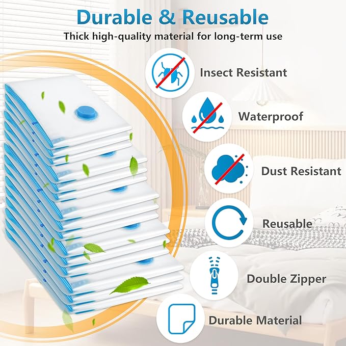 18 Pack Vacuum Storage Bags，Space Saver Bags(4 Jumbo/4 Large/4 Medium/3 Small/3 Roll),Compression for Comforters and Blankets, Sealer Clothes Storage, Hand Pump Included