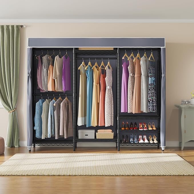 VIPEK V5C Portable Clothes Closet Wardrobe Bedroom Armoires Heavy Duty Covered Clothes Rack, Black Metal Clothing Rack with Grey Oxford Fabric Cover, Adjustable Custom Closet Rack 68.9"Lx15.7"Wx76.4"H