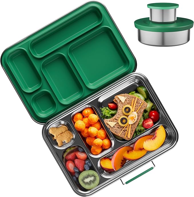 AOHEA Stainless Steel Bento Box Kids, Kids Metal Bento Lunch Box BPA Free Lunch Box Containers 304 Stainless Steel Bento Box for School and Office(Green)