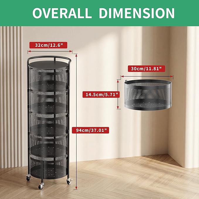 JAQ Rotating Fruit Basket, 5-Tier Metal Sturdy Kitchen Storage Rack Shelf Carts No Assembly on Rolling Wheels for Fruit Vegetable Grocery Corns Potato Onion (5-Tier, Black)