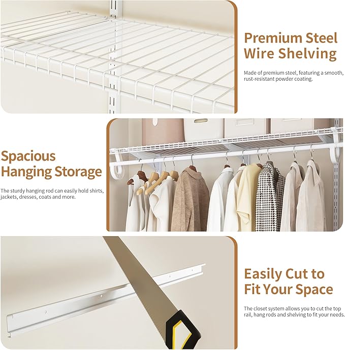 PROWORX 4-6 Ft Closet Organizer System, Adjustable Metal Wire White Closet System, Expandable Walk in Closet Organizers and Storage System, Closet Shelves with Hanging Rods