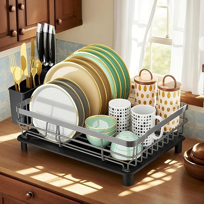 MOUKABAL Dish Drying Rack, Dish Rack, Stainless Steel Dish Racks for Kitchen Counter, Dish Drainer with Removable Utensil Holder, Drainboard (Grey,13''W x 17''L)