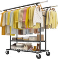 Raybee 74" W Clothes Rack Load 630 LBS, Clothing Racks for Hanging Clothes, Adjustable Heavy Duty Clothes Rack, Double Rods Metal Garment Rack for Bedroom Wardorbe Closet Living Room