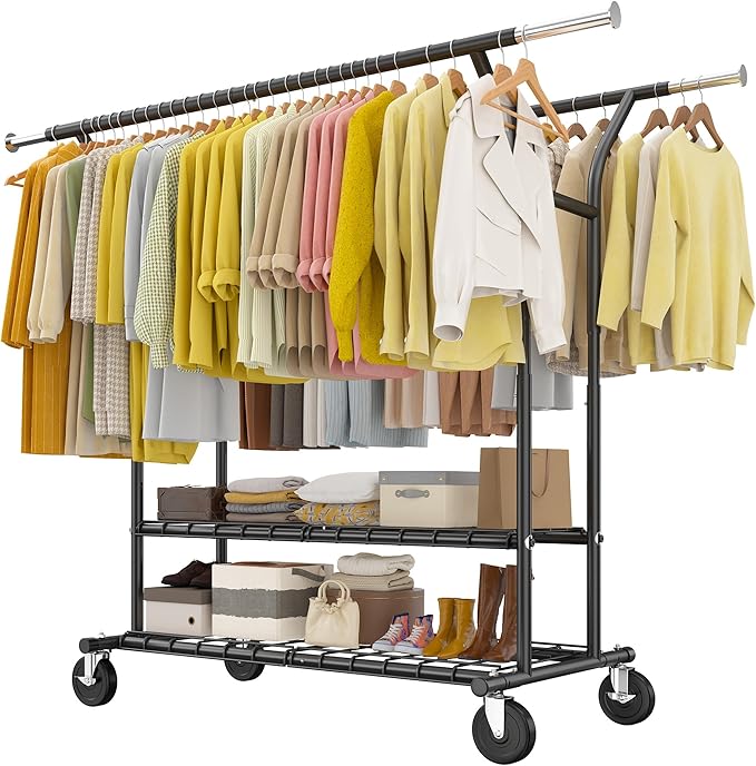 Raybee 74" W Clothes Rack Load 630 LBS, Clothing Racks for Hanging Clothes, Adjustable Heavy Duty Clothes Rack, Double Rods Metal Garment Rack for Bedroom Wardorbe Closet Living Room