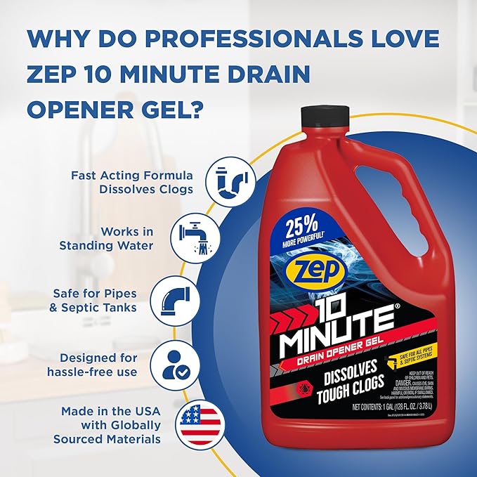 Zep 10 Minute Drain Opener Gel 1 Gallon (Case of 4) ZHCR128NG - Commercial Strength, Fast Acting and Safe for All Pipes