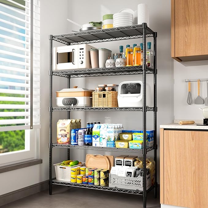 45" W Storage Shelves 5 Tier Wire Shelving, Adjustable Metal Shelving Unit with Shelf Liners, 1875LBS Heavy Duty Storage Rack for Garage Pantry Kitchen Commercial, 45" W x 16" D x 72" H, Black