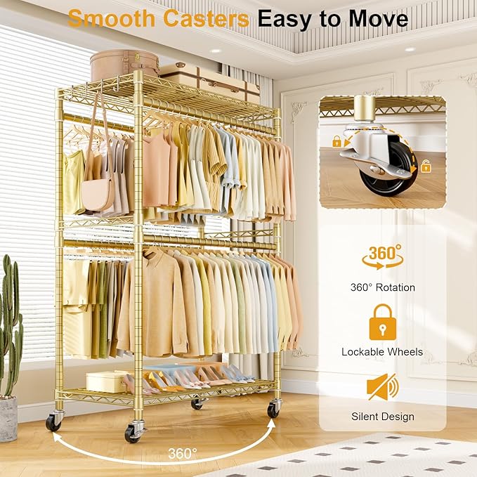 ULIFHOME P4 Plus Rolling Clothes Rack Heavy Duty, Clothing Racks for Hanging Clothes, Free Standing Garment Racks with Wheels, Portable Closet Rack 45'' W × 20.5'' D × 80.5'' H, Max Load 570 Lbs, Gold
