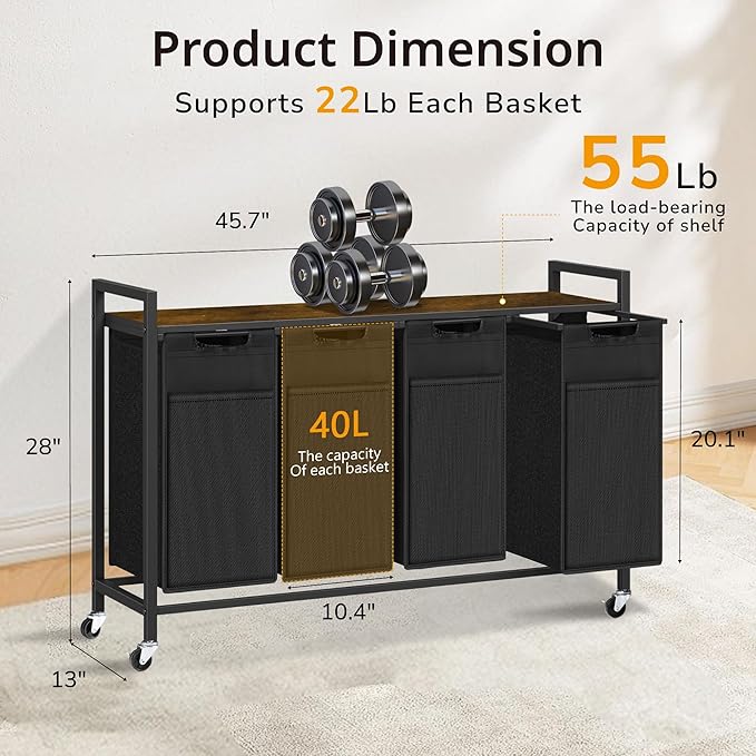 Laundry Hamper, Laundry Basket with 4 Pull-Out Removable Oxford Fabric Bags, 4 x 10.6 Gallons, Total 160L, Cloth Laundry Sorter with a Top Shelf 45.7"x13" (Black and Rust)