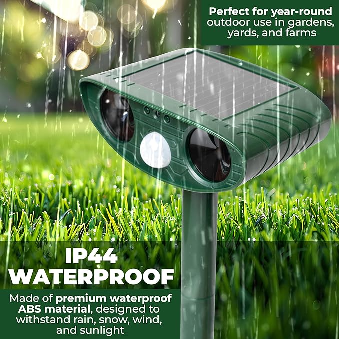 Solar Ultrasonic Animal Repeller Pack 2PCS | 120° Motion Sensor Up to 33ft Range | Waterproof Outdoor Deterrent for Garden & Yard | Deer, Cat, Dog & Raccoon Repellent | Solar Powered Pest