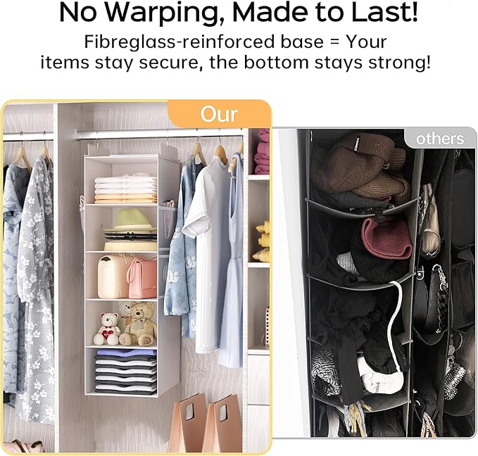 ALLTIDYUP Extra Deep Hanging Closet Organizers and Storage, 5-Tier Closet Hanging Organizer with 4 Mesh Pockets, Heavy-Duty Closet Shelves for Clothes and Hats, Ideal for Dorms and RVs, 1-Pack, White