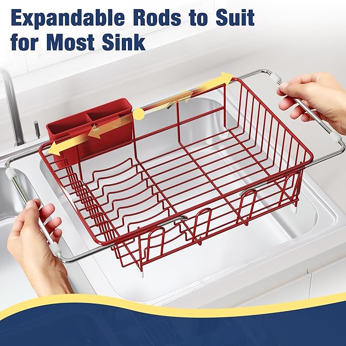 JASIWAY Red in Sink Dish Drying Rack, Expandable Stainless Steel Small Dish Rack Over Kitchen Sink, Plate Drainer Strainer with Cutlery Holder & Cup Holders, Counter Space Saving Wire Dryer Rack