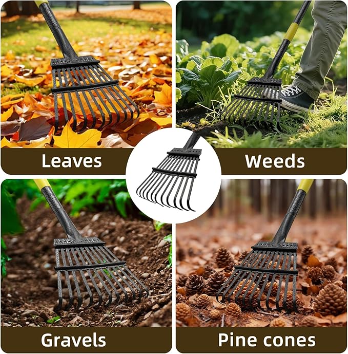 Leaf Rake, Small Rake for Leaves with 30"-75" Adjustable Long Handle, 11 Tines 8.5" Wide, Metal Rakes Heavy Duty for Lawns, Gardening, Yard, Camping, Shrub, Grass, Bush, Weed, Debris