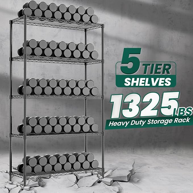 5-Tier Storage Shelves 72" H Wire Shelving, Adjustable Metal Shelving Pantry Shelves, 1325LBS Heavy Duty Rack with Shelf Liners for Garage Commercial Kitchen, 36" W x 14" D x 72" H, Black