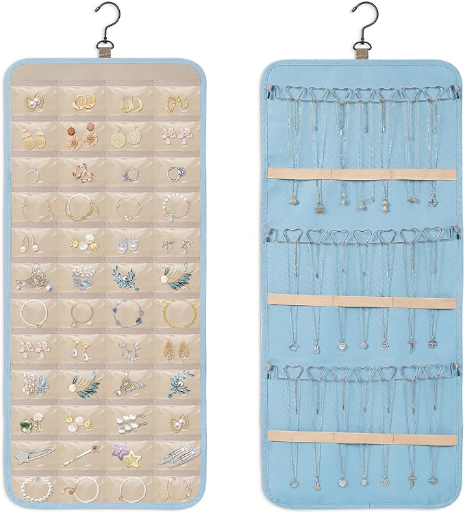 Dynoro Double-Sided Hanging Jewelry Organizer, Large Teal Storage Roll for Earrings, Necklaces, Rings, 48 Pockets 21 Hooks, Durable Oxford Fabric for Closet, Wall, Door, 1 piece, Jewelry Not Included