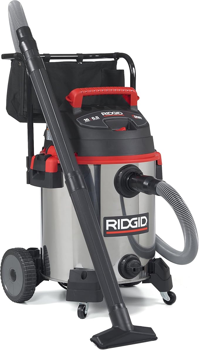 RIDGID 50353 1610RV Stainless Steel 16-Gal. Wet Dry Shop Vacuum with Cart, 6.5 Peak HP Motor, Large Wheels, Pro Hose, Drain, and Blower Port, Red