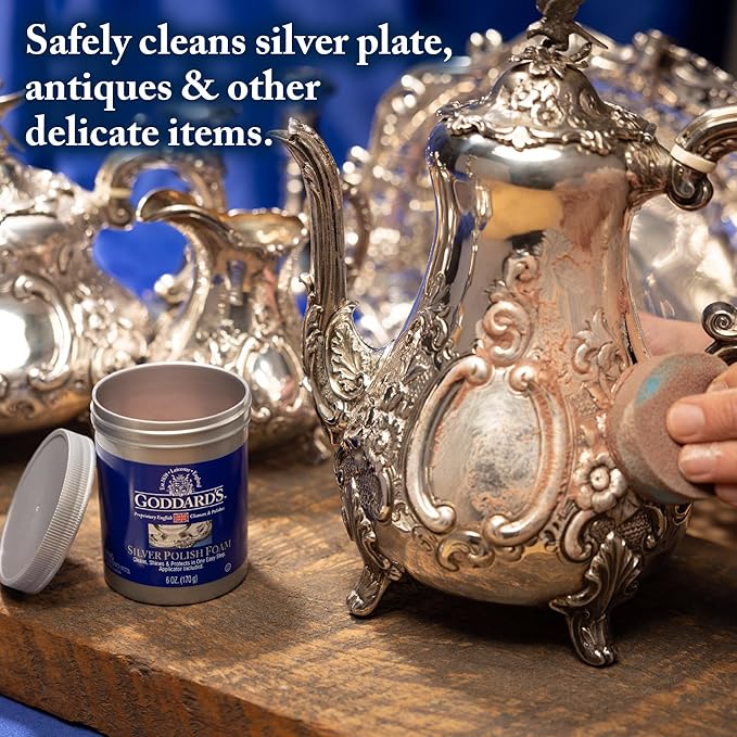 Goddard’s Silver Polish Foam – Silver Jewelry Cleaner for Antiques, Accessories, Ornaments & More – Silver Cleaner for Silverware Protection – Tarnish Remover for Jewelry w/Sponge Applicator (6 oz)