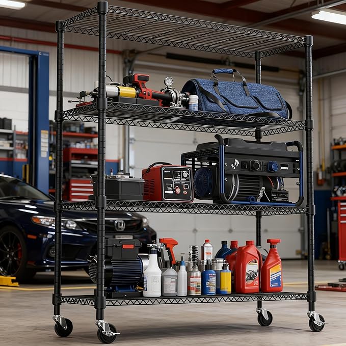 M MZG 1400LBS 47.2" W 4 Tiers Storage Shelves Metal Shelving Unit with Wheels Heavy Duty Garage Shelving Adjustable Wire Shelves for Pantry,Kitchen,Garage,Basement,Black 17.7" D x 47.2" W x 62.7" H