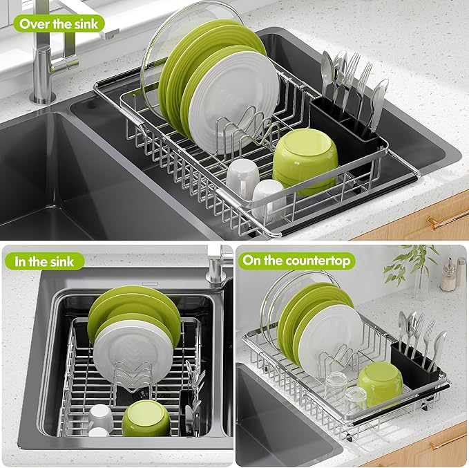 JASIWAY Dish Drying Rack in Sink, Expandable Stainless Steel Dish Drainer for Kitchen Sink, Dish Strainer Rack, Retractable Over Sink Dish Rack with Utensil Holder, 13.4''~16.9''D x 12.2''W, Silver