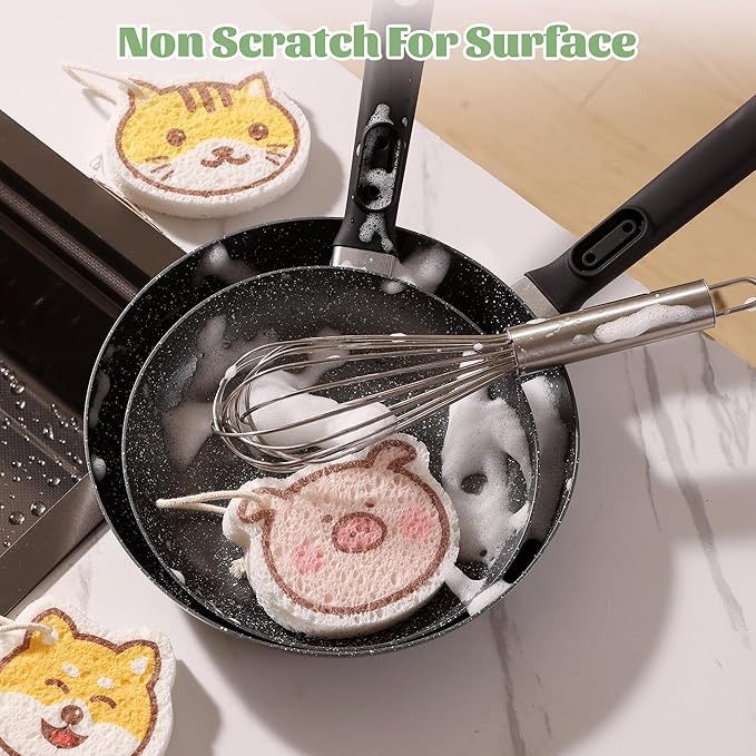 JOYMOOP Cartoon Kitchen Sponge, Non-Scratch Sponges for Dishes, Natural Cellulose Sponges for Cleaning, Reusable Sponge for Household Cleaning - 18 Pcs Mixed Pattern (Kitten, Doggy and Piggy)