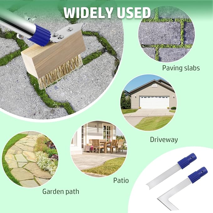 Crack Weeder Tool Long Handle, 60" Garden Tool for Weeding Between Pavers, 3 in 1 Hand Weed Scraper and Weed Brush Set, Manual Crevice Weed Remover Tools for Paver, Sidewalk, Driveway Crack, Patio