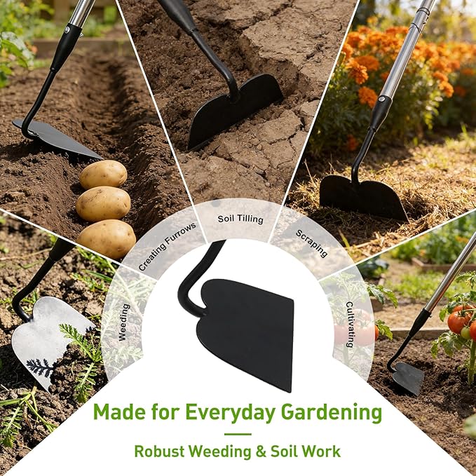 Garden Hoe for Weeding, Heavy Duty Draw Hoe Garden Tool for Plowing,Cultivating,Trenching, Ridging,Tilling Loosening Soil,Scraping Weeder with 74” Handle for Stand Gardening, Reduce Back Strain