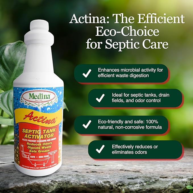 Medina Actina Toilet Clog Remover - Natural Sink Drain Cleaner Liquid for Effective Waste Digestion and Odor Control - Reduced Maintenance in Shower Drain Clog Remover (32 OZ)