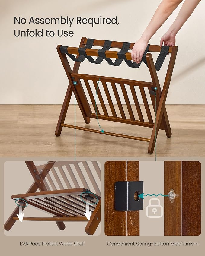 SONGMICS Solid Wood Luggage Racks, Set of 2, No Assembly Required, Foldable Suitcase Stand, Luggage Holder, with Storage Shelf, for Guest Room, Hotel, Bedroom, Coffee Brown URLR021K01