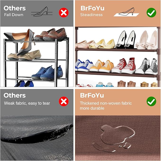 34" Widening Design Shoe Rack for Closet 16 Pairs Small Spaces Non-Woven 3 Tier Shoe Organizer Stackable Metal Shoe Shelf for Entryway, Bedroom Brown